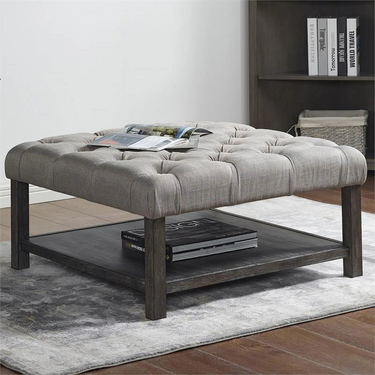 Wood Ottoman in Antique Washed Gray and Light Gray A4035