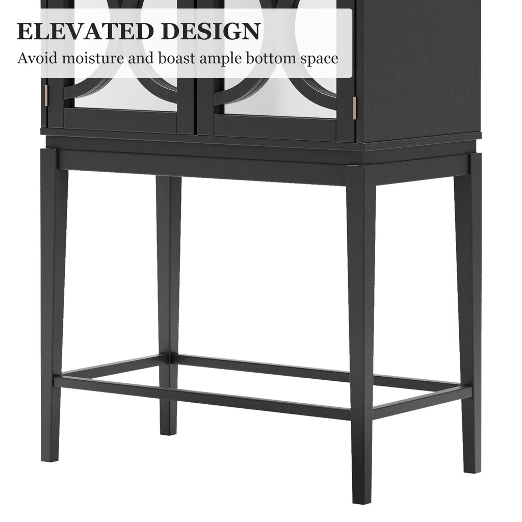 Solid Rubber Wood Double Mirror Door Bar Cabinet with Glass Holder F9530