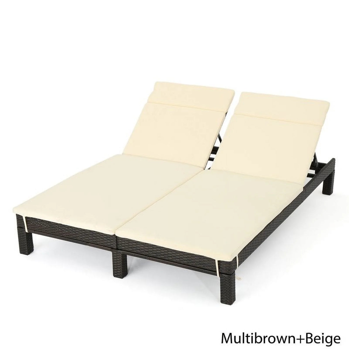 Multi-Brown Wicker Double Chaise Lounge Beige Cushions X4143