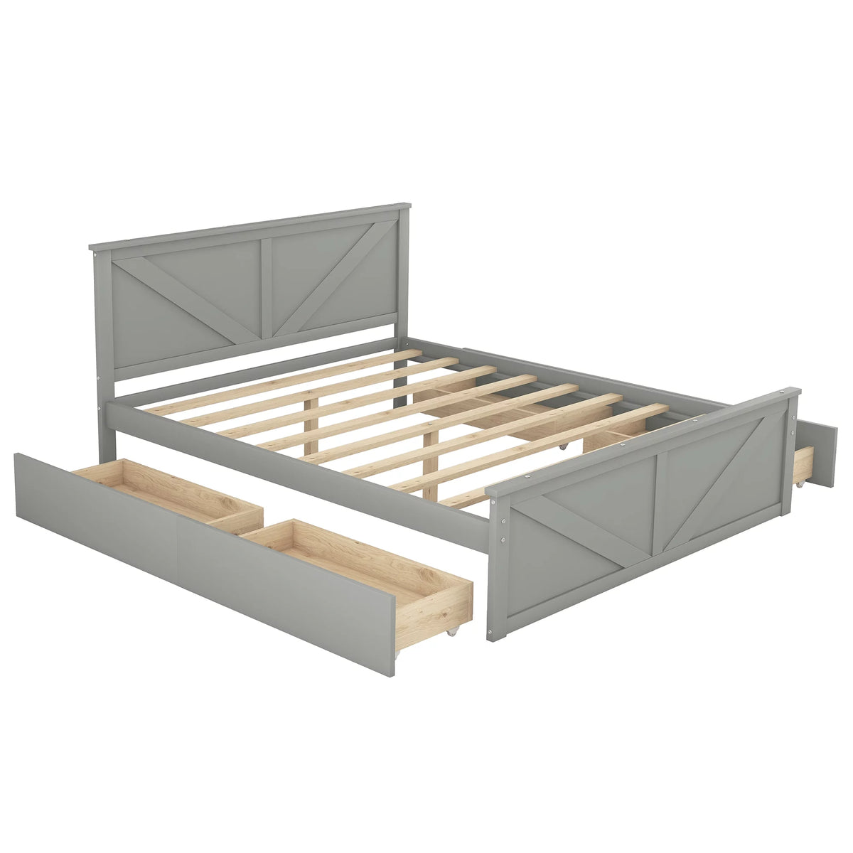 Gray Wood Queen Size Platform Bed with 4 Storage Drawers X75048