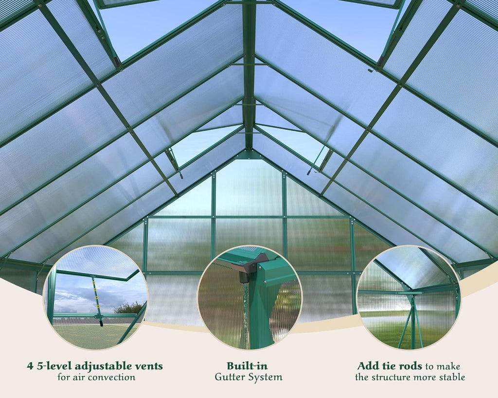 12x10x10 ft Polycarbonate Greenhouse with 2 Sliding Doors 4 Vents D848