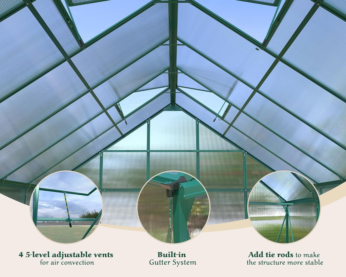 12x10x10 ft Polycarbonate Greenhouse with 2 Sliding Doors 4 Vents D848