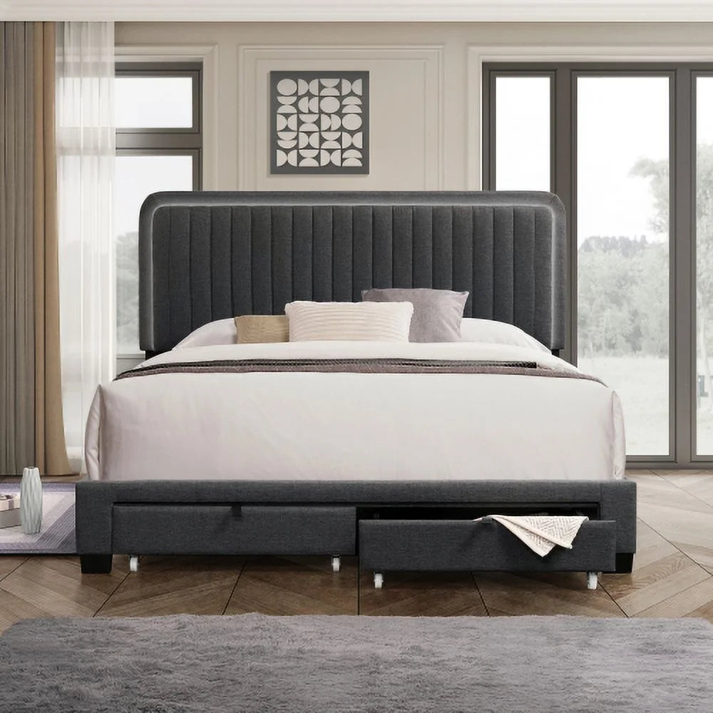Queen Size Upholstered Bed with Footboard Drawers Storage C4197