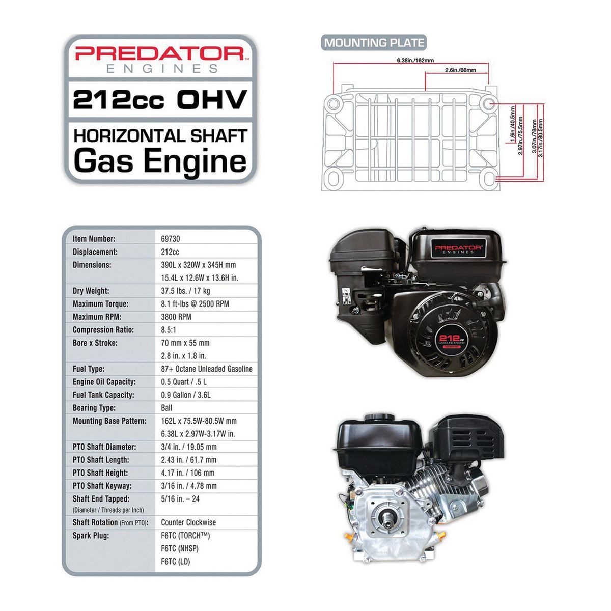 6.5 HP 212cc OHV Horizontal-Shaft Gas Engine H8390