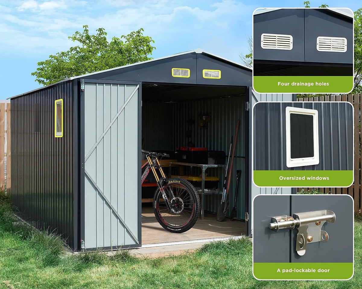 10x12x7.5 ft Galvanized Lockable Outdoor Storage Shed D74624