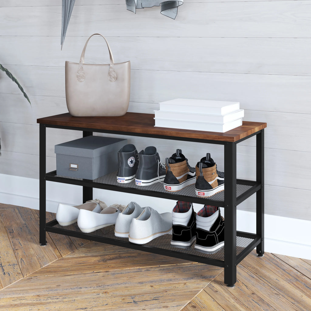 Rustic Brown Solid Pine Wood 3-Tier Shoe Rack Bench E79159
