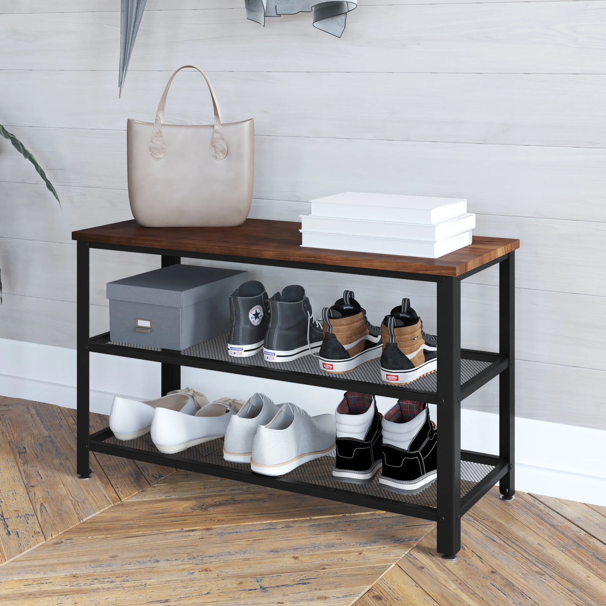 Rustic Brown Solid Pine Wood 3-Tier Shoe Rack Bench E79159