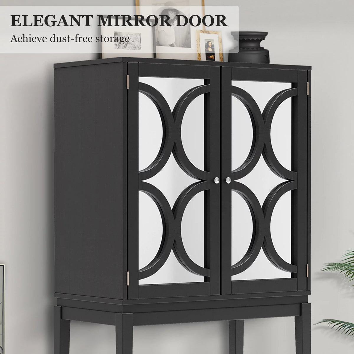 Solid Rubber Wood Double Mirror Door Bar Cabinet with Glass Holder F9530