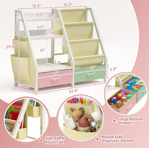 3 Tier Kids Bookshelf and Toy Organizer with 2 Toy Bins M33524
