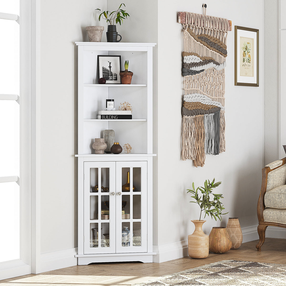 White Tall Corner Storage Cabinet with Glass Doors and Adjustable Shelves J28949