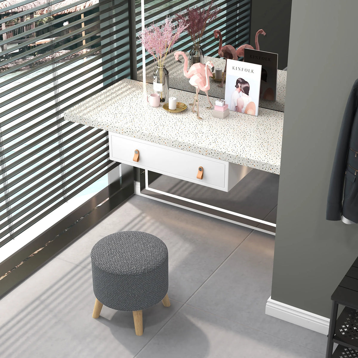 Gray Round Storage Ottoman U934296