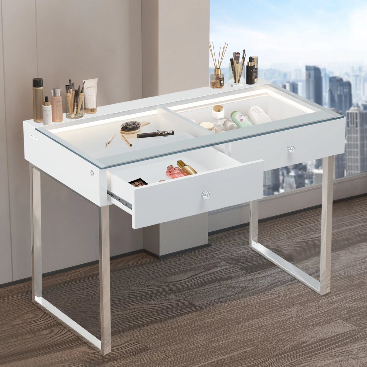 2-Drawer Makeup Vanity Table with Lights Charging Port E5138
