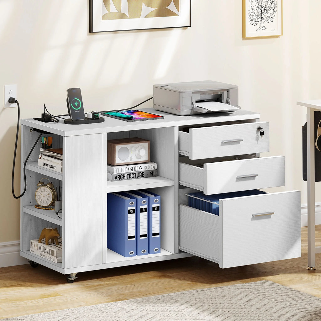 White Wood File Cabinet with Charging Station R891377