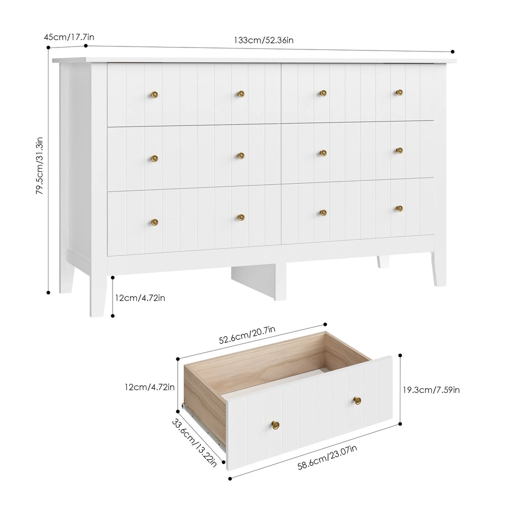 White 6 Drawer Wood Dresser W637