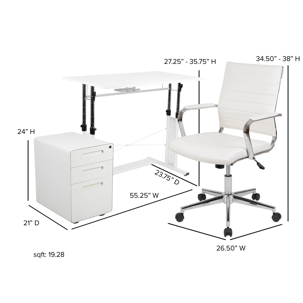 White Adjustable Computer Desk, Office Chair and Locking Mobile Filing Cabinet W326