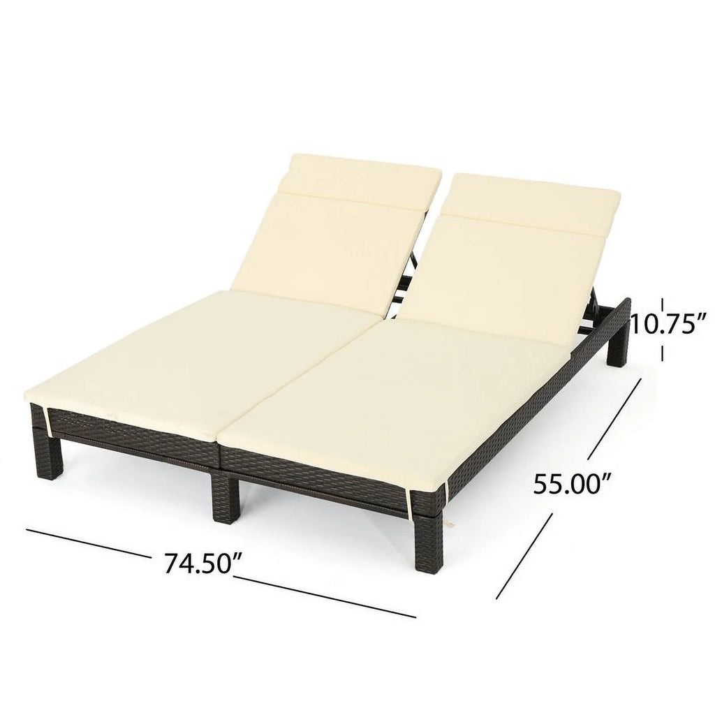 Multi-Brown Wicker Double Chaise Lounge Beige Cushions X4143