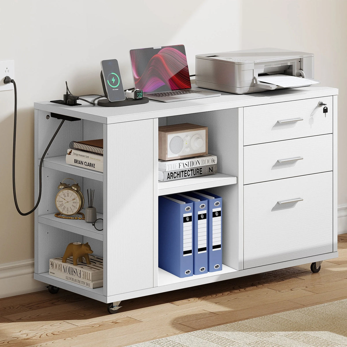 White Wood File Cabinet with Charging Station R891377